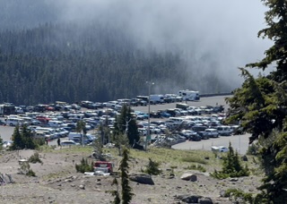 White truck with canoes spotted from the chairlift at Timberline Lodge